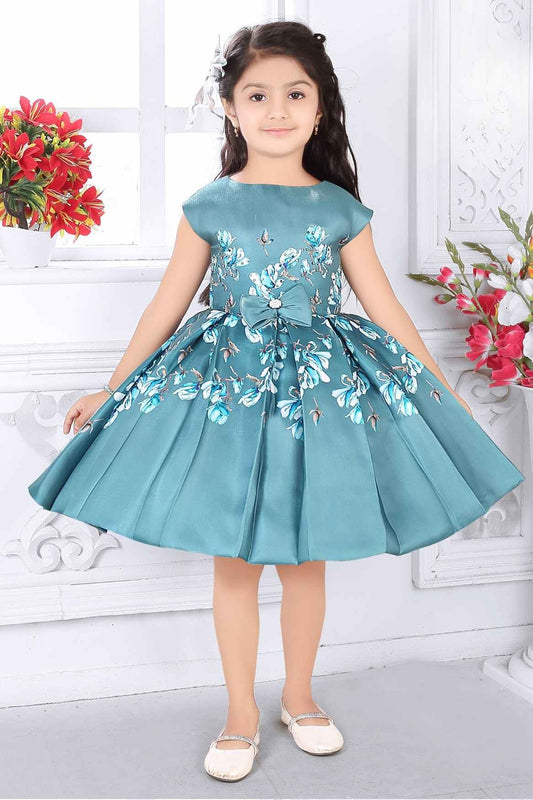 Floral Printed Blue Partywear Frock For Girls