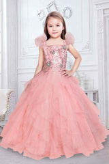 Designer Multilayer Peach Gown With Floral Embroidery For Girls - Lagorii Kids
