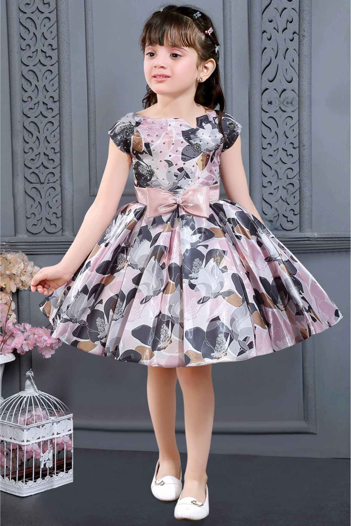 Floral Printed Black And Pink Satin Partywear Frock For Girls