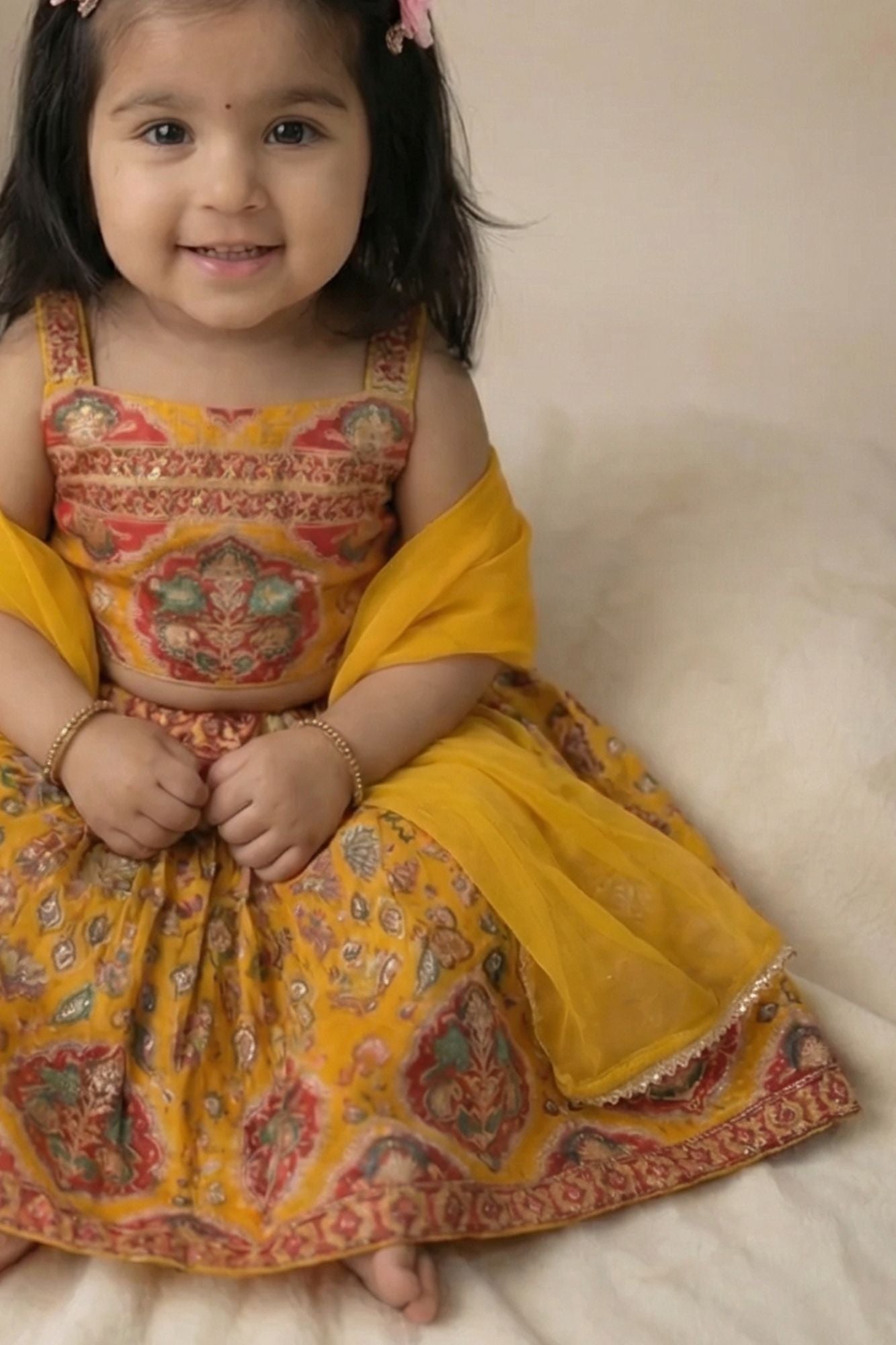 Mustard Yellow Printed Ethnic Lehenga Choli For Girls