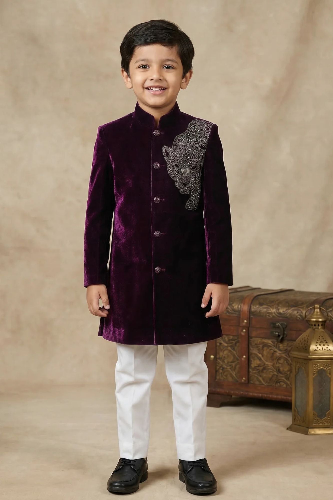Wine Sherwani Set with Tiger Embroidered Motif For Boys