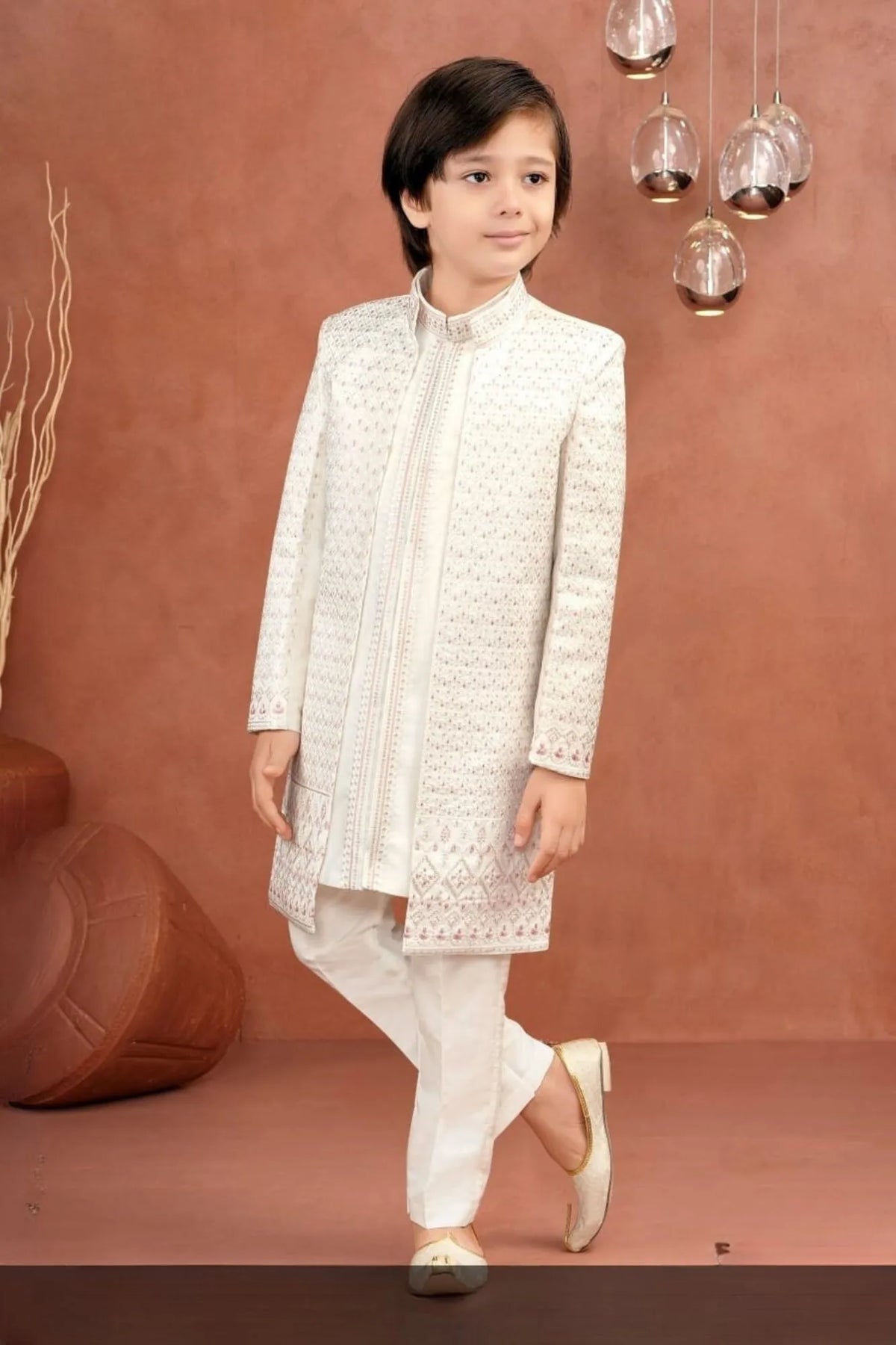 Classic Ethnic Cream Embroidered Indo-Western Sherwani Style Suit For Boys