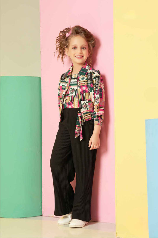 Multi Color Printed Top With Black Bottom And Overcoat Set For Girls