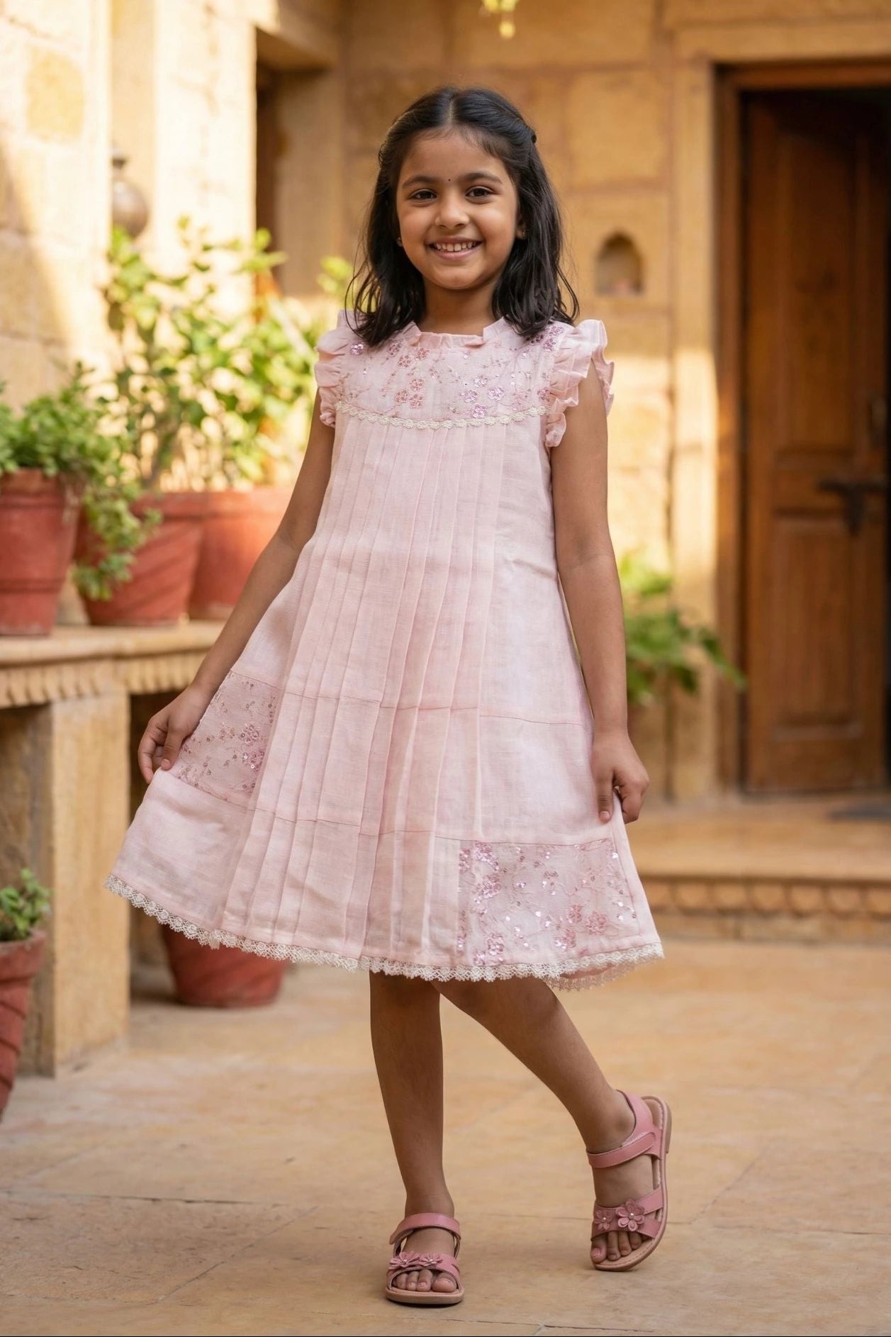 Pink Embroidered Pleated Frock For Girls