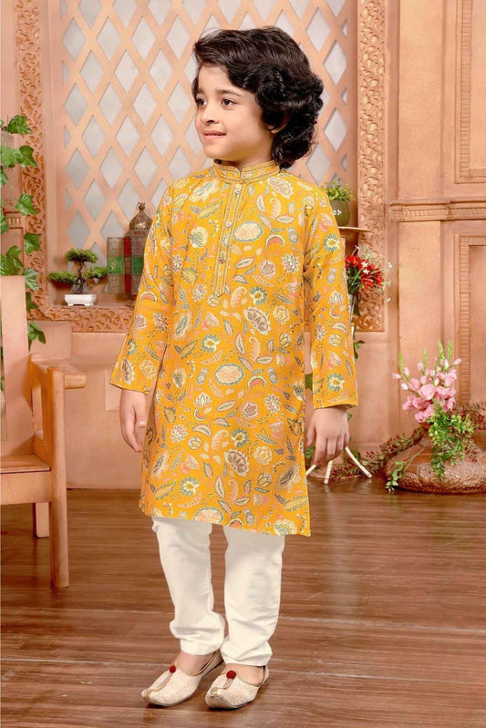 Mustard Yellow Floral Printed Kurta And White Pant Set For Boys