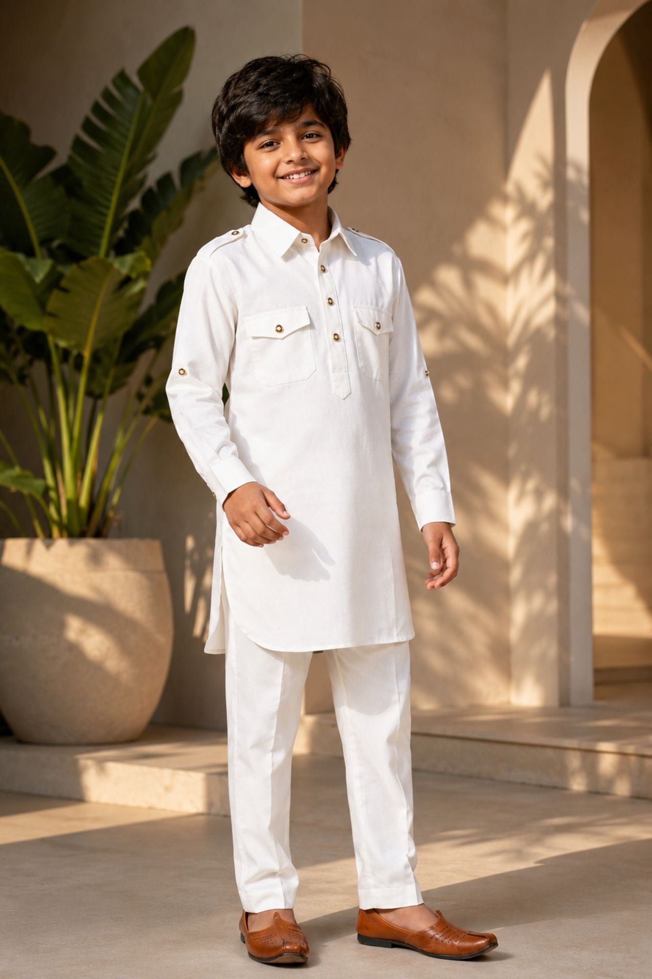 White Pathani Set  With Shirt Collar Design For Boys