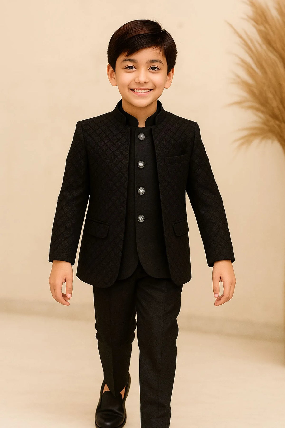 Classic Ethnic Black Embroidered Indo-Western Sherwani Style Suit For Boys