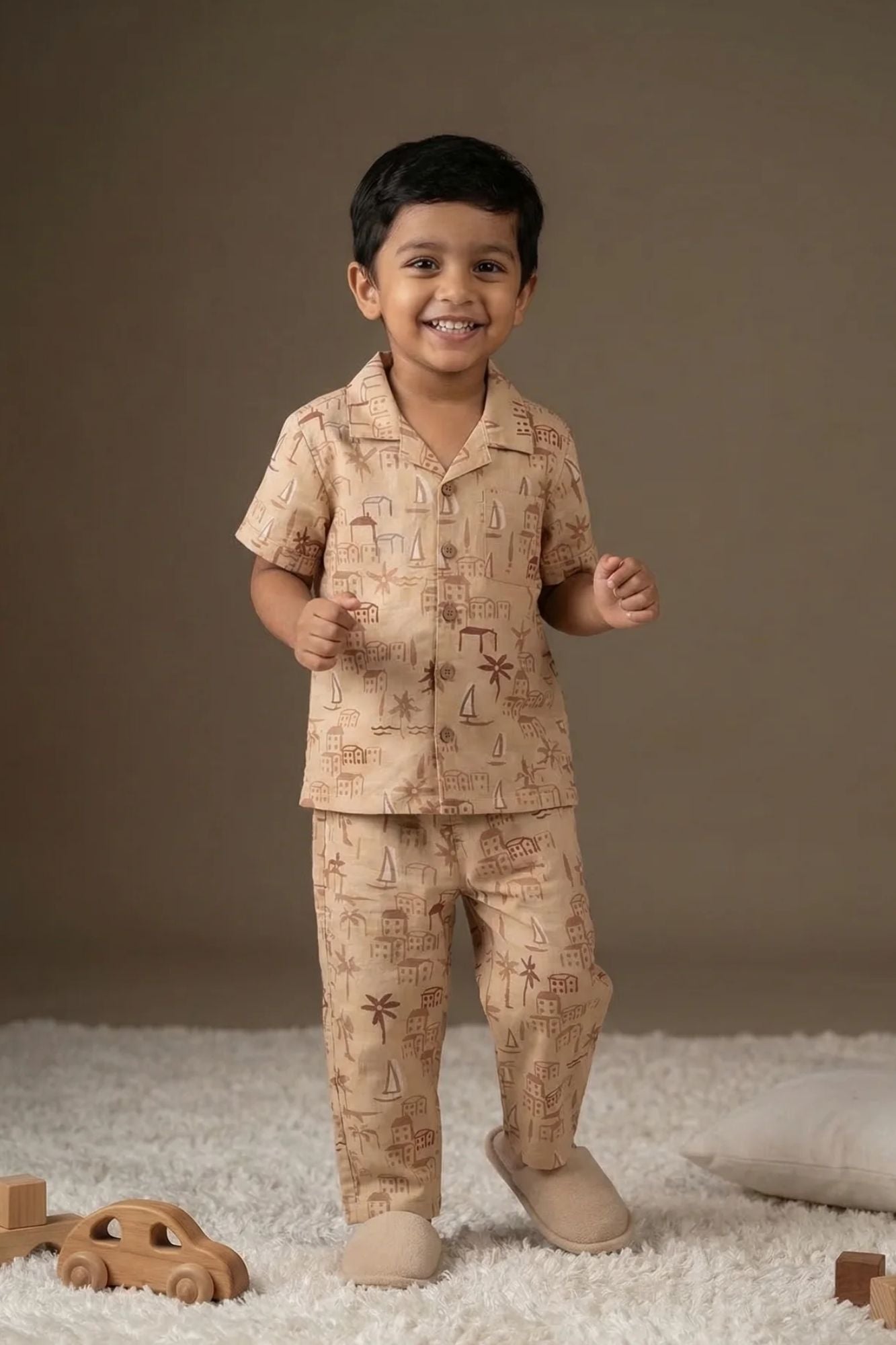 Brown Tropical Print Night Suit Set For Boys