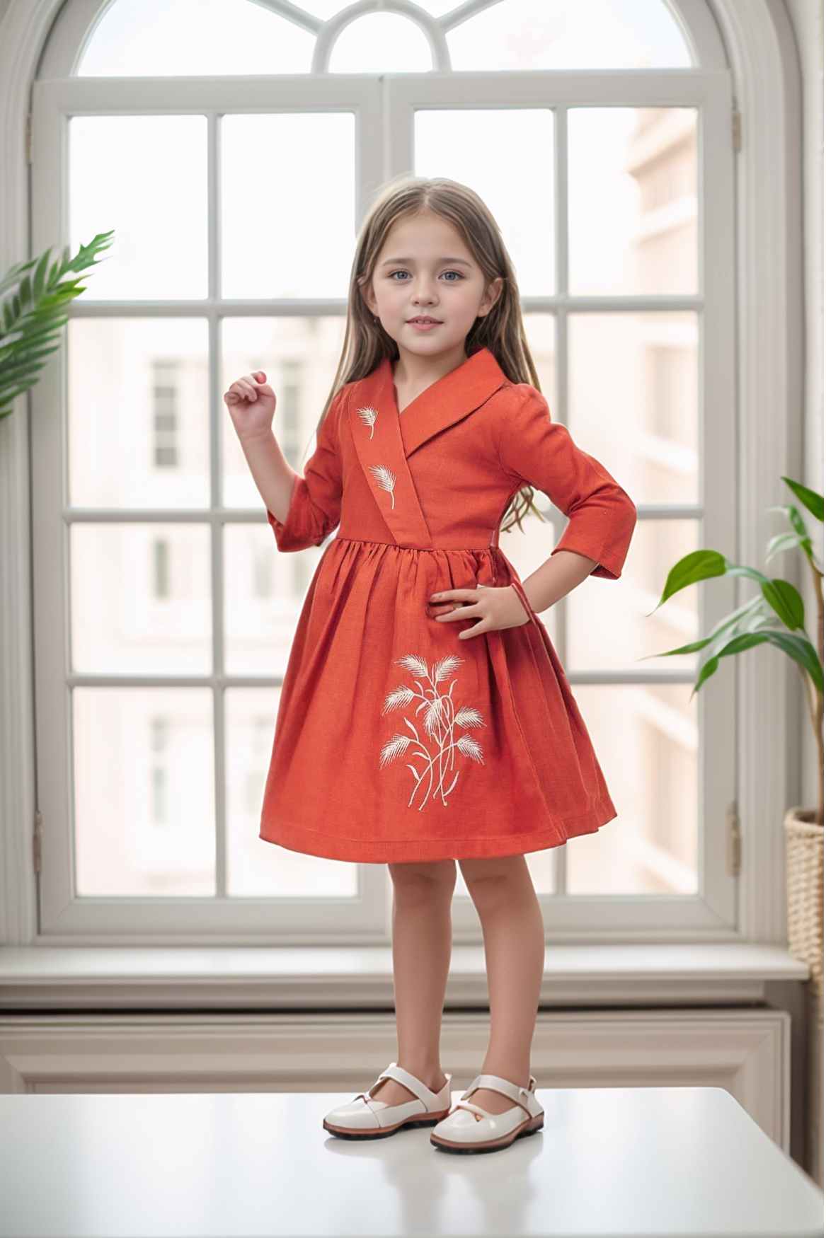 Rust Orange Printed Cotton Casual Dress For Girls