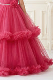 Rani Pink Layered Net Party Gown with Floral Ruffle Hem For Girls