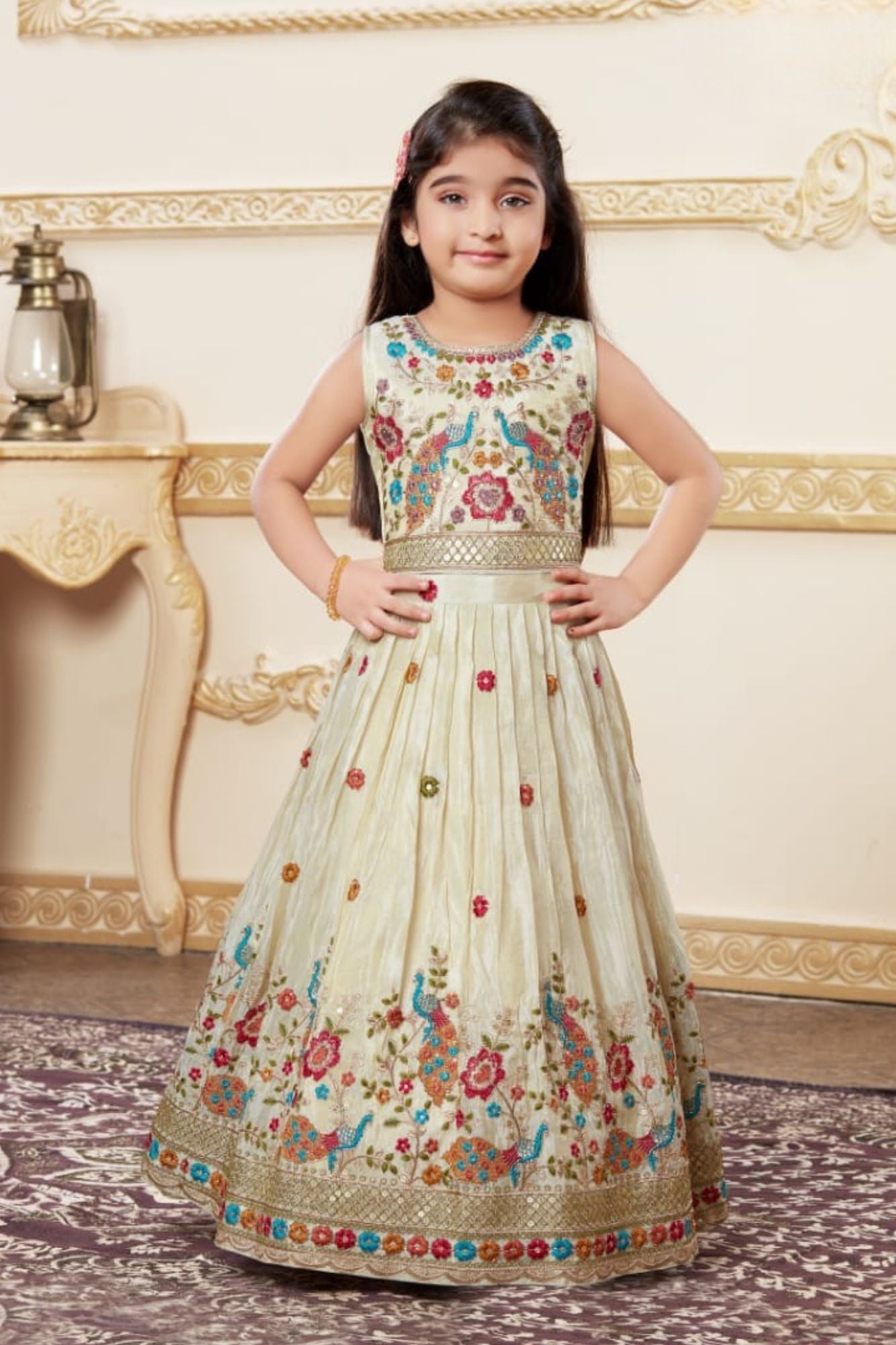 Cream Embroidered Lehenga Choli with Regal Peacock Motifs For Girls