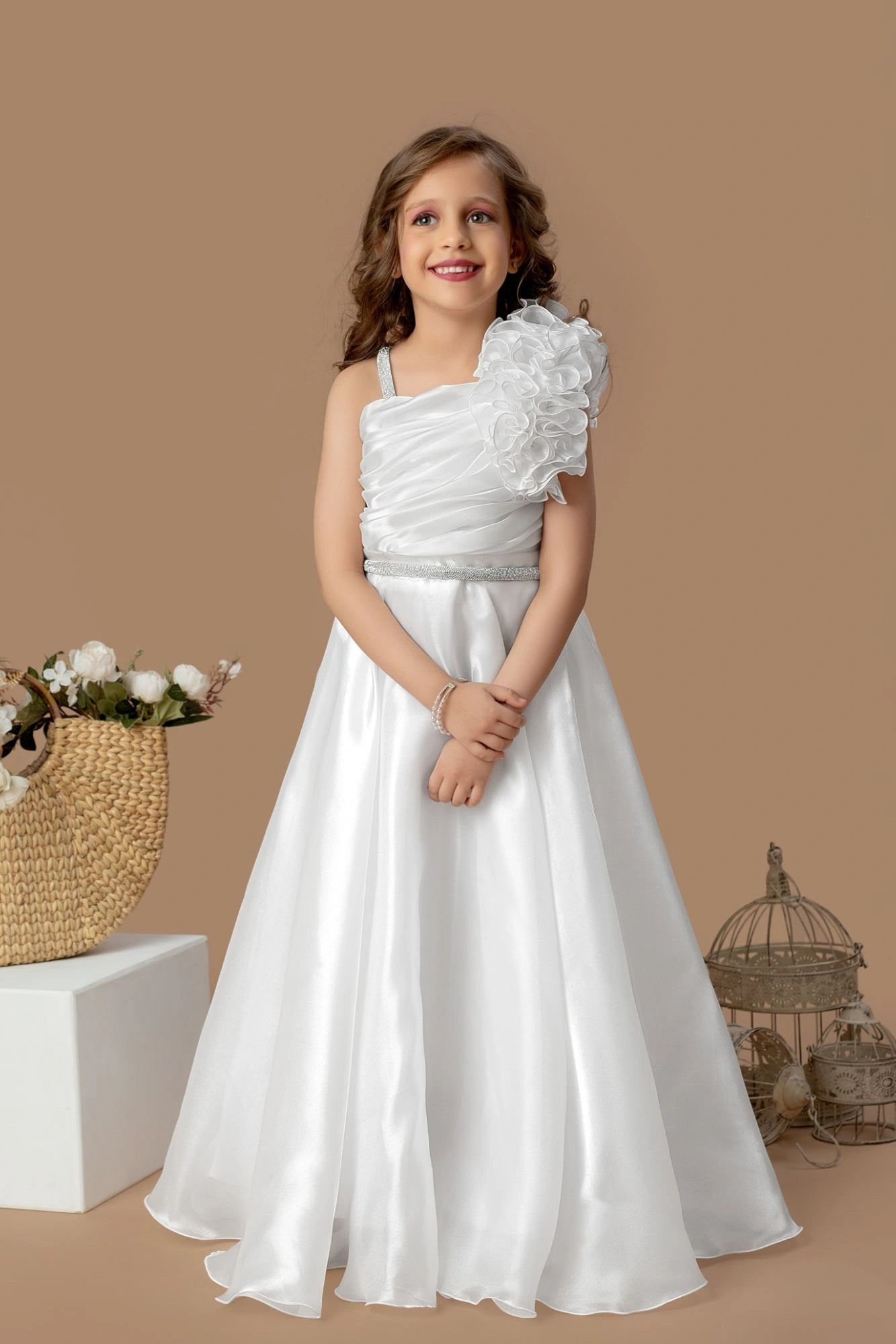 Designer White Floral Appliqué Party Wear Gown For Girls