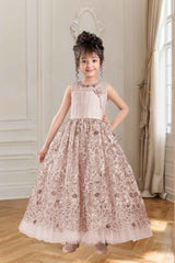 Beige Net Party Wear Sequin And Embroidery Gown For Girls