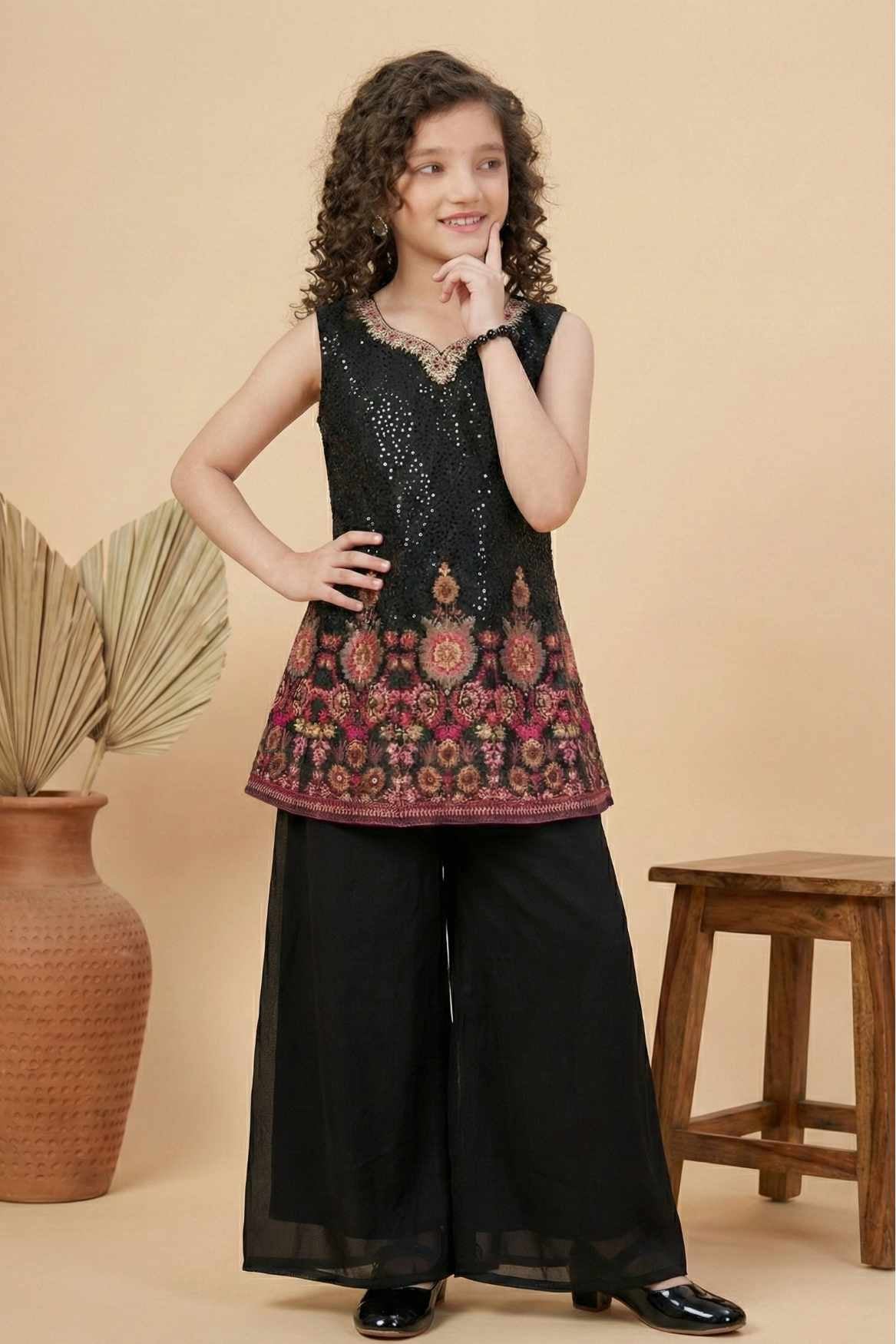 Black Sequin Embroidered Palazzo Set with Dupatta For Girls
