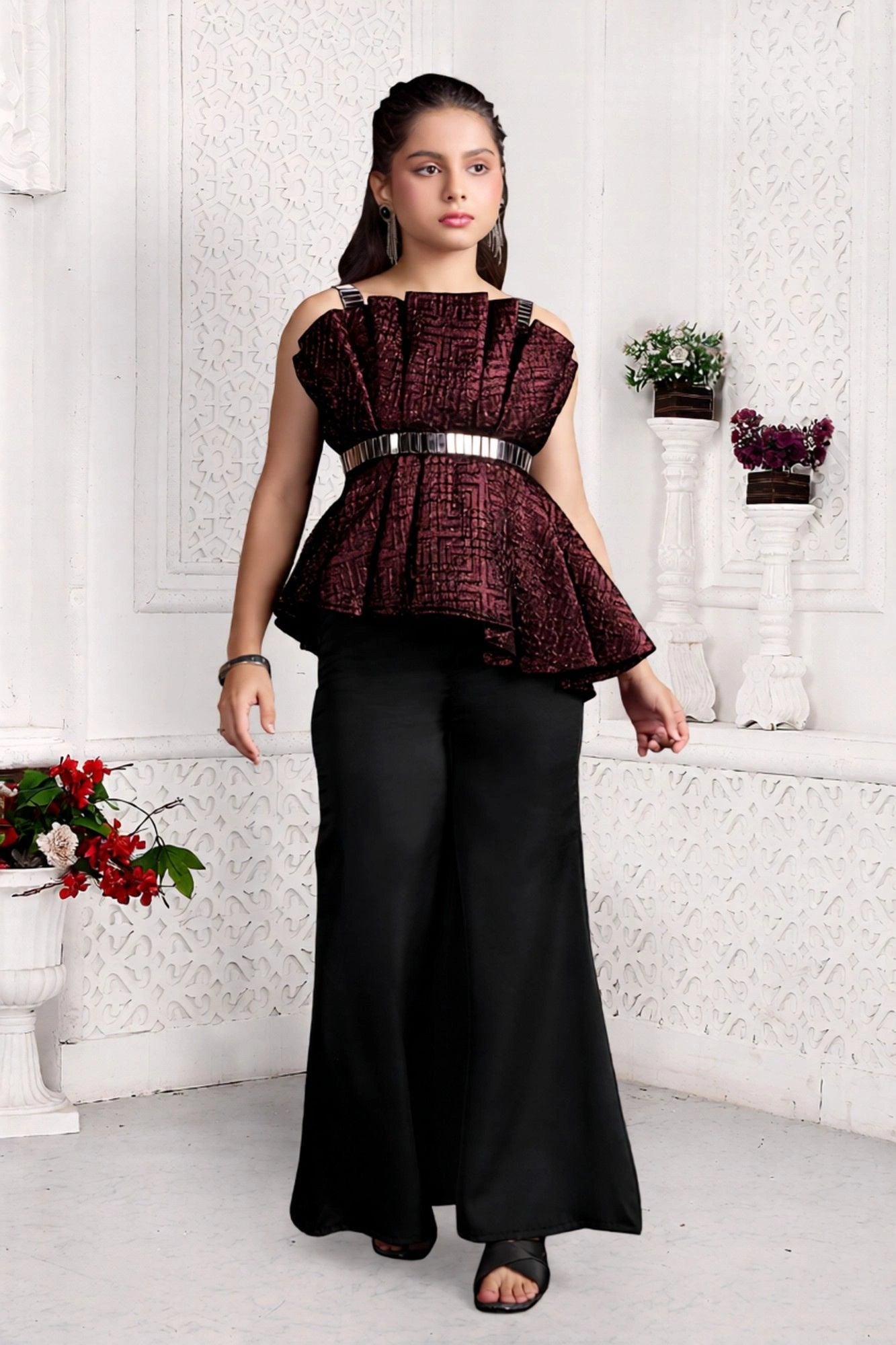 Metallic Maroon Pleated Top with Pants For Girls