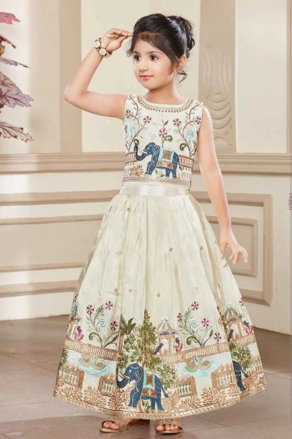 Cream Sleeveless Choli And Lehenga Set With Elephant Motifs Zari Embroidery For Girls