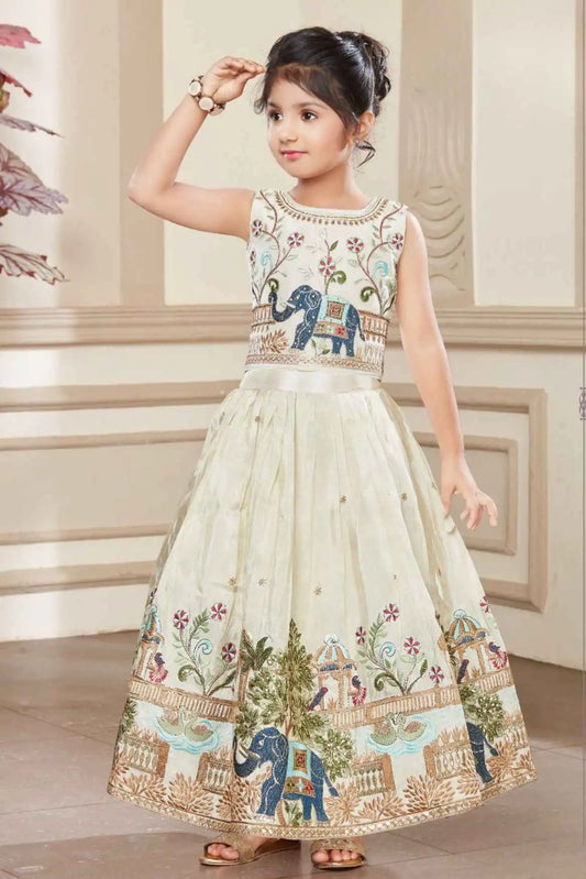 Cream Sleeveless Choli And Lehenga Set With Elephant Motifs Zari Embroidery For Girls