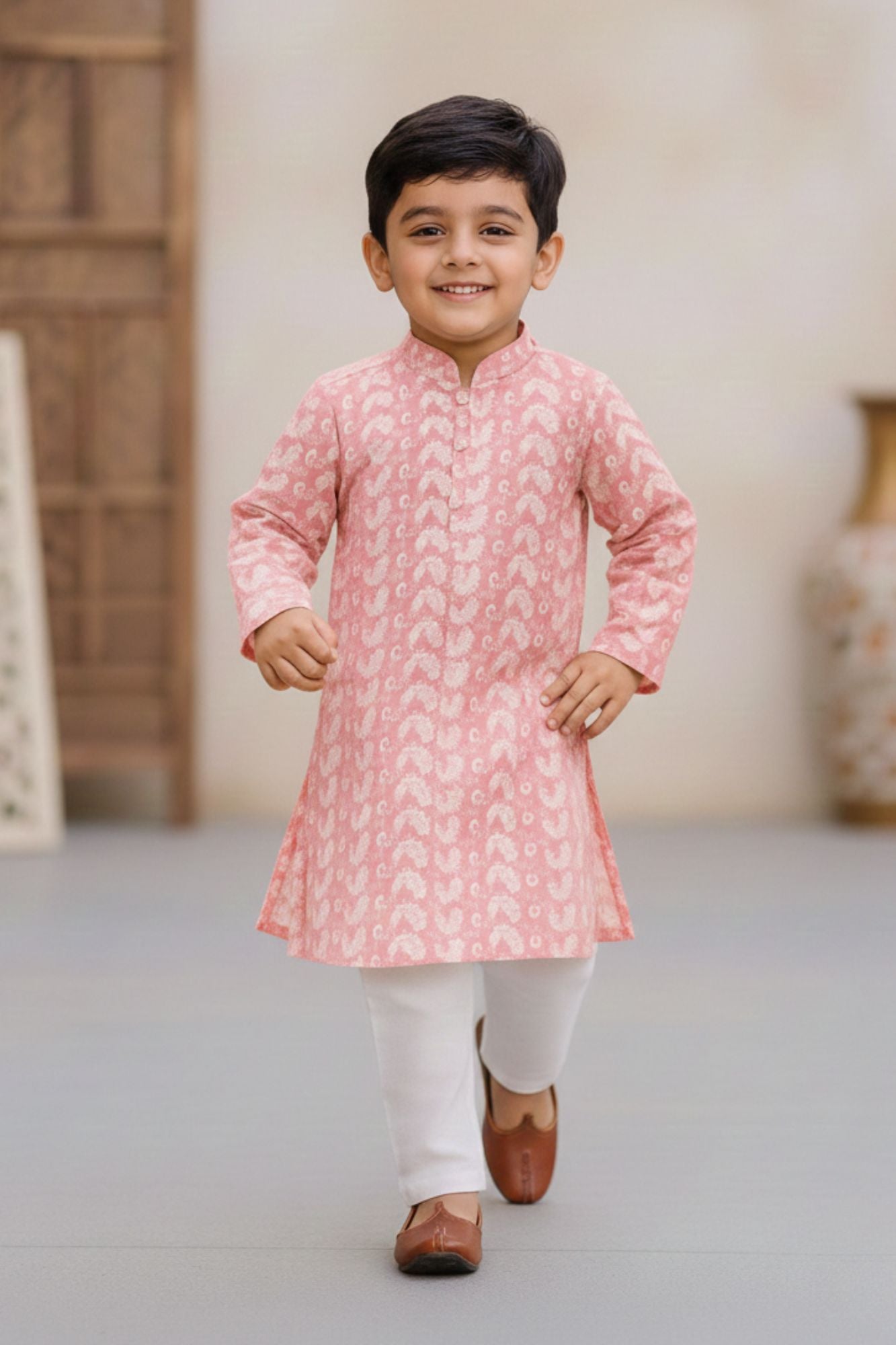 Pink Chikankari Embroidered Kurta with White Pajama Set For Boys