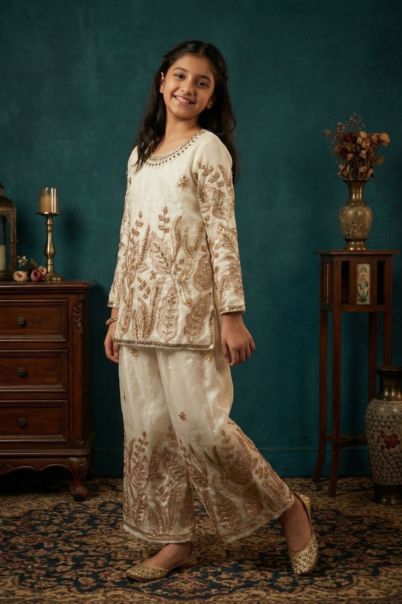 Cream Heavy Embroidered Palazzo Set For Girls