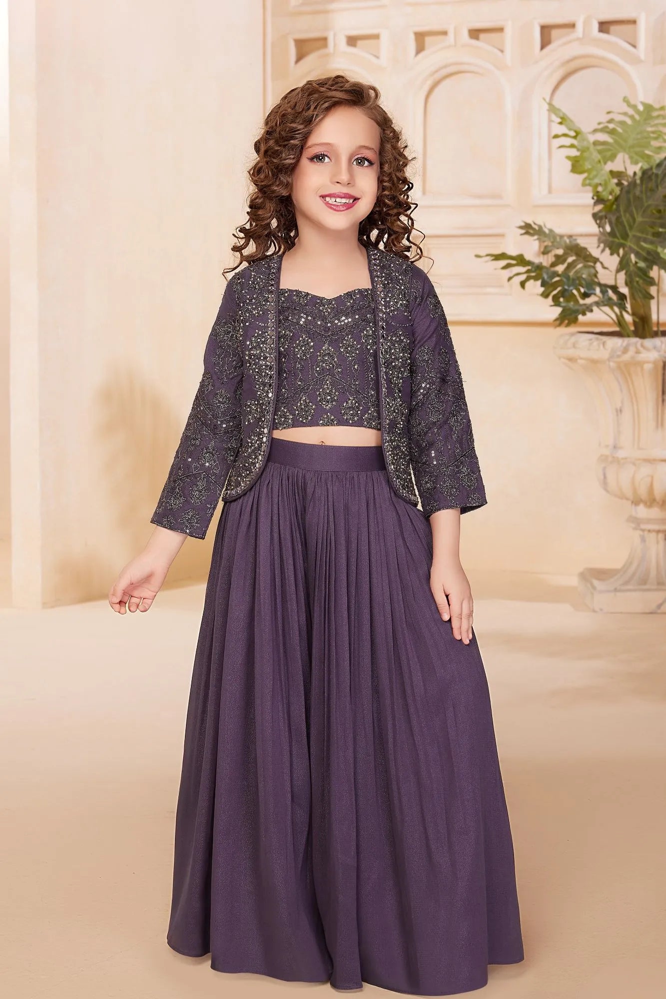 Royal Purple Embroidered Embroidered Palazzo Set With Jacket for Girls