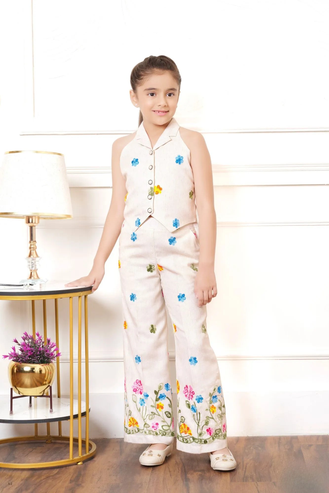 Cream Floral Embroidered Halter Co-ord Set for Girls