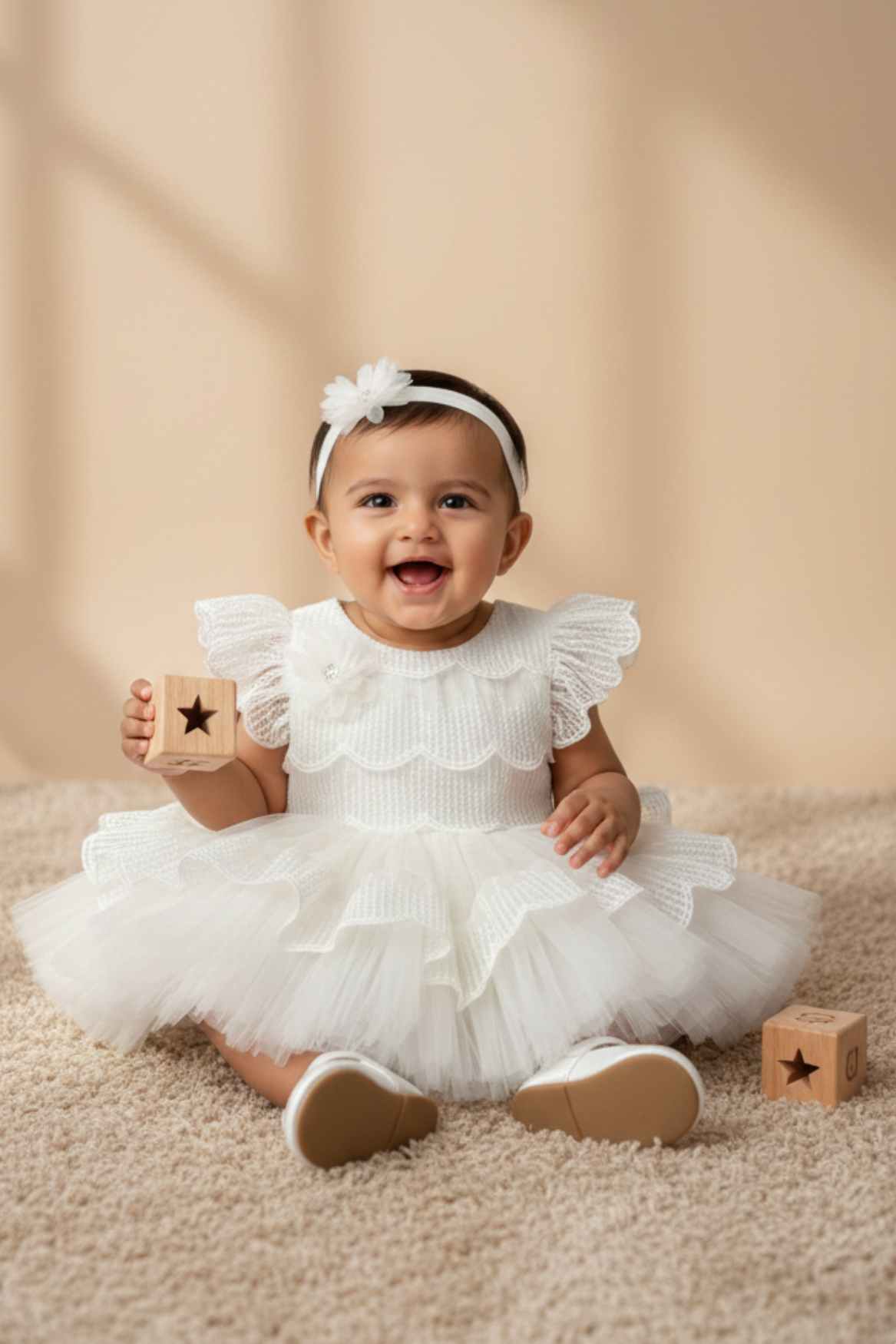 White Layered Frock with White Scallop Lace and Floral Accent For Girls