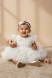White Layered Frock with White Scallop Lace and Floral Accent For Girls