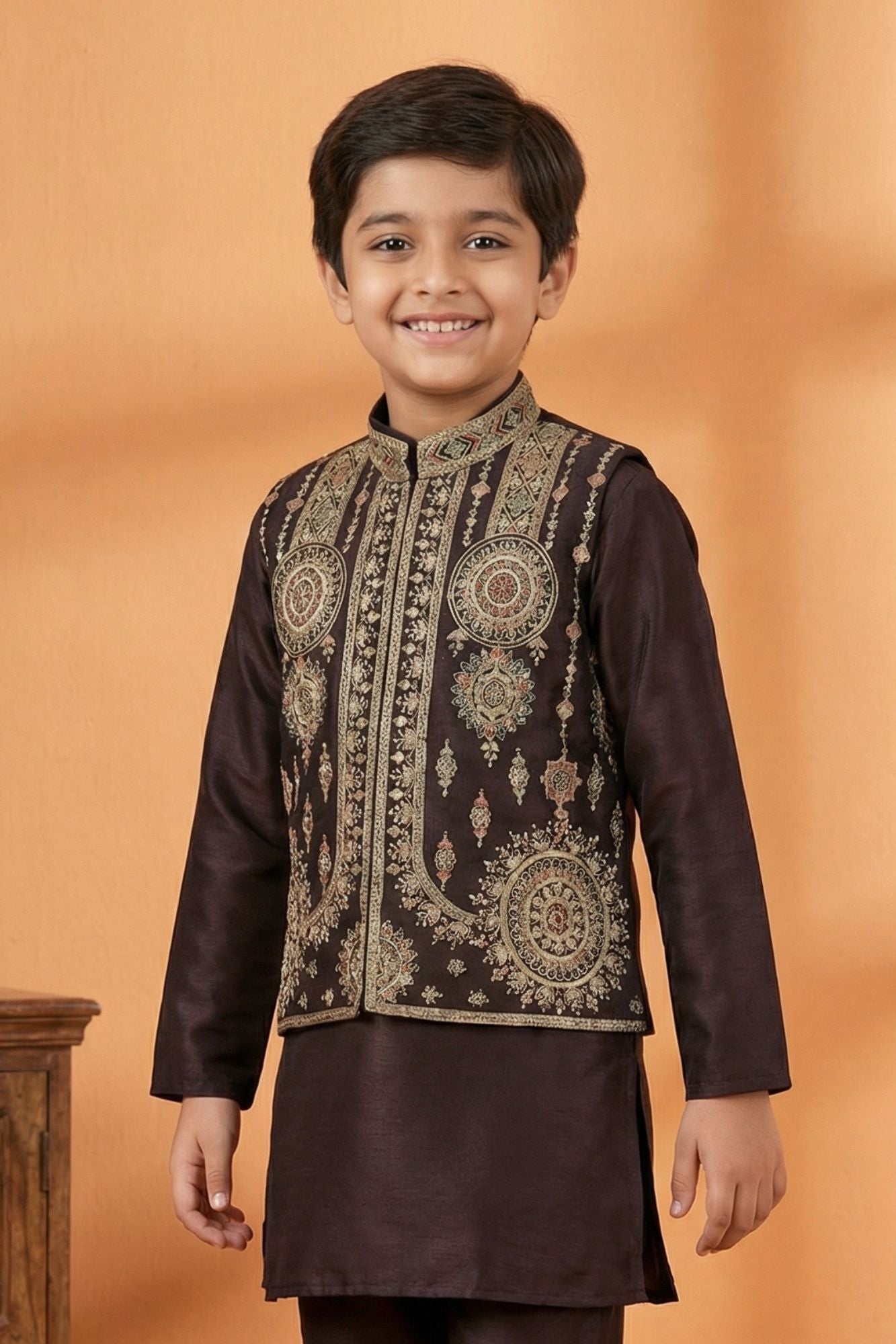 Wine Embroidered Kurta Set with Nehru Jacket For Boys