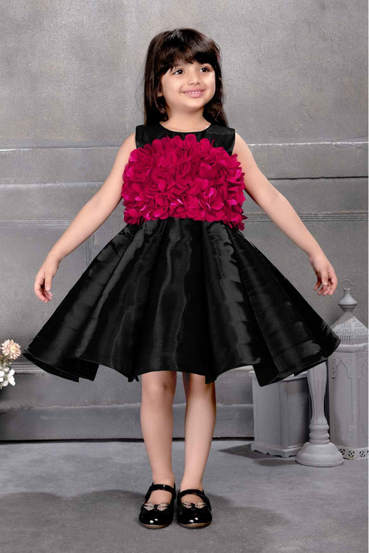 Black Shimmer Frock With Floral Embellished For Girls