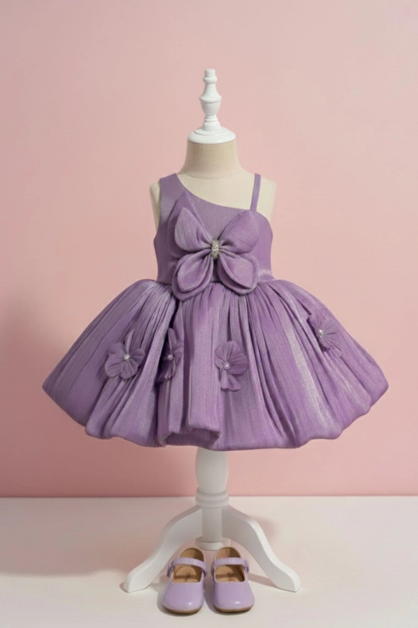 Lavender Party Wear Frock with 3D Floral Appliqué and Bow Accent For Girls