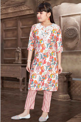 Peach 3/4th Sleeves With Floral Printed And Embroidered Kurta Set For Girls