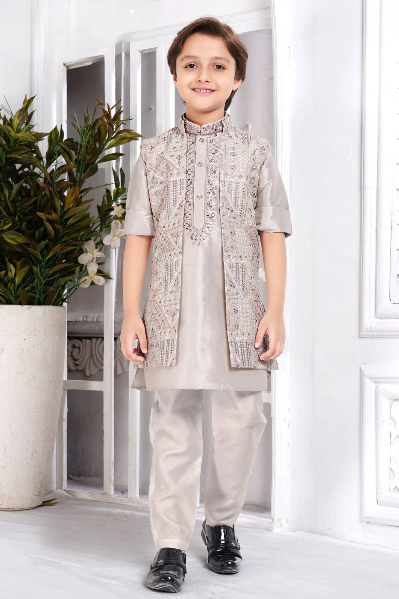 Taupe Thread Embroidery Work Sherwani Set With Jacket For Boys