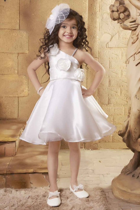 White Organza Frock With Floral Embellished For Girls
