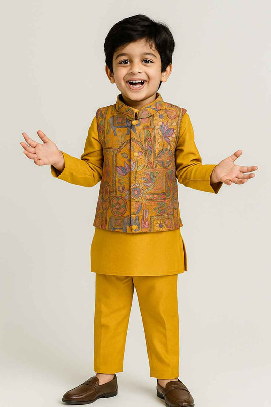 Mustard Yellow Kurta Set With Multicolor Brocade Jacket For Boys