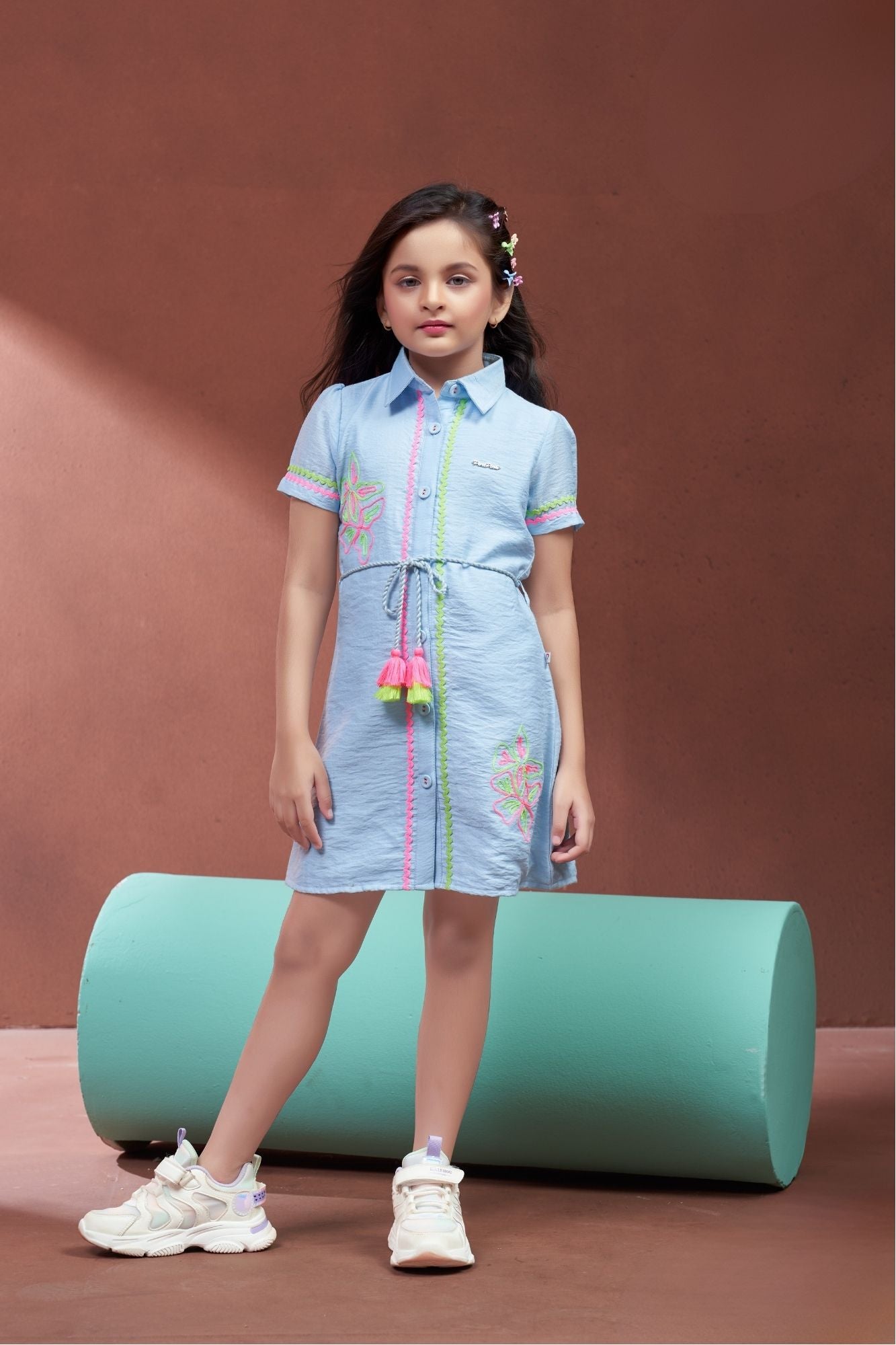 Girls Sky Blue  Shirt Dress with Neon Embroidery And Tassel Tie-Up Waist