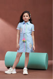 Girls Sky Blue  Shirt Dress with Neon Embroidery And Tassel Tie-Up Waist