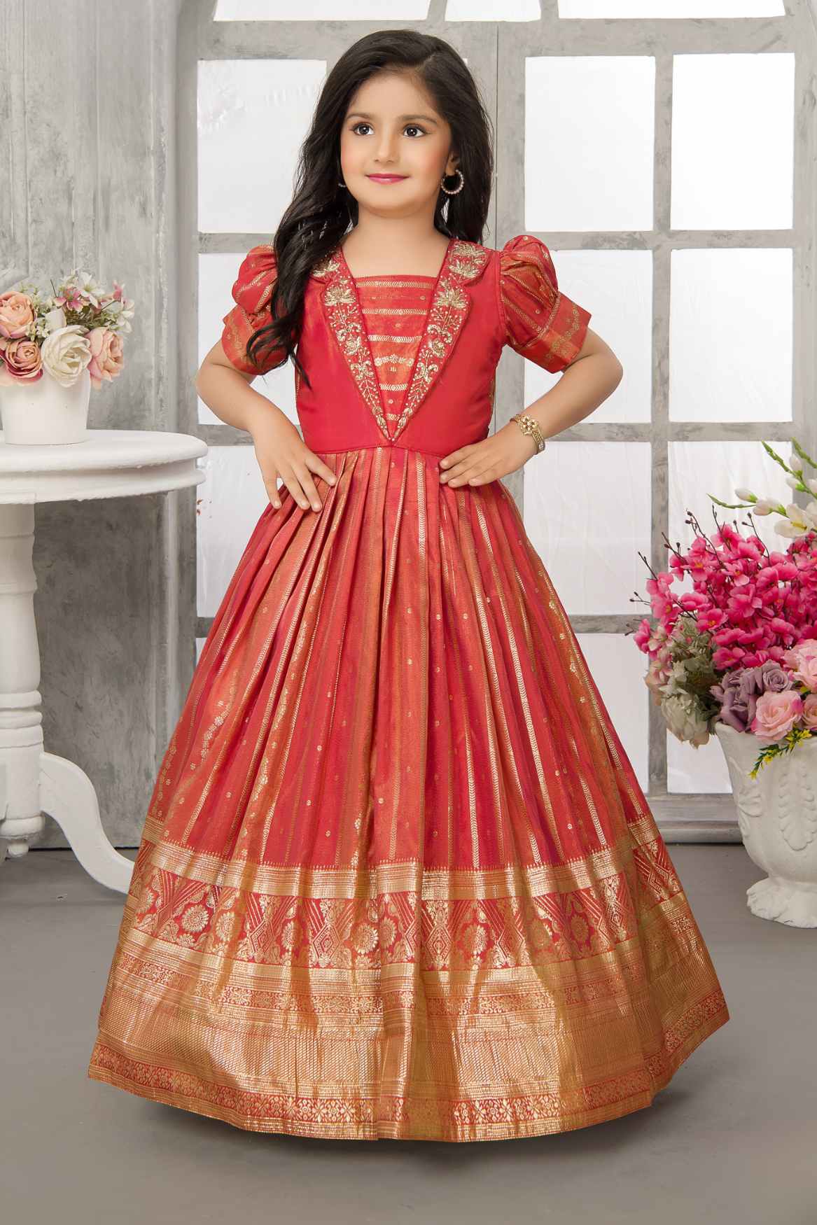 Red Stone Work And Embroidered Banarasi Ethnic Gown For Girls