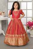 Red Stone Work And Embroidered Banarasi Ethnic Gown For Girls