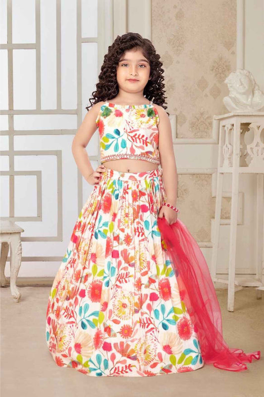 Cream Sleeveless And Mirror Work With Floral Printed Lehenga Choli Set For Girls