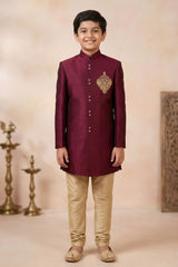 Elegant Boys Wine Sherwani with Gold Motif Embroidery And Pyjama Set