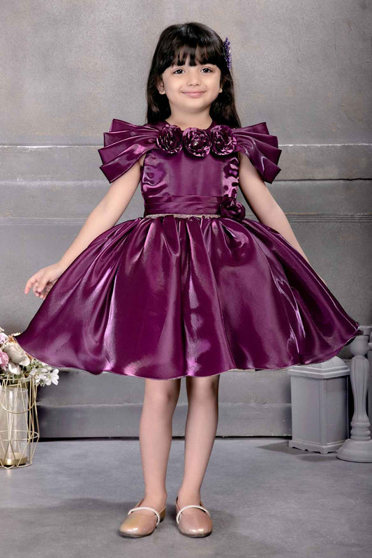 Wine Floral Embellishment With Stone Worked Frock For Girls