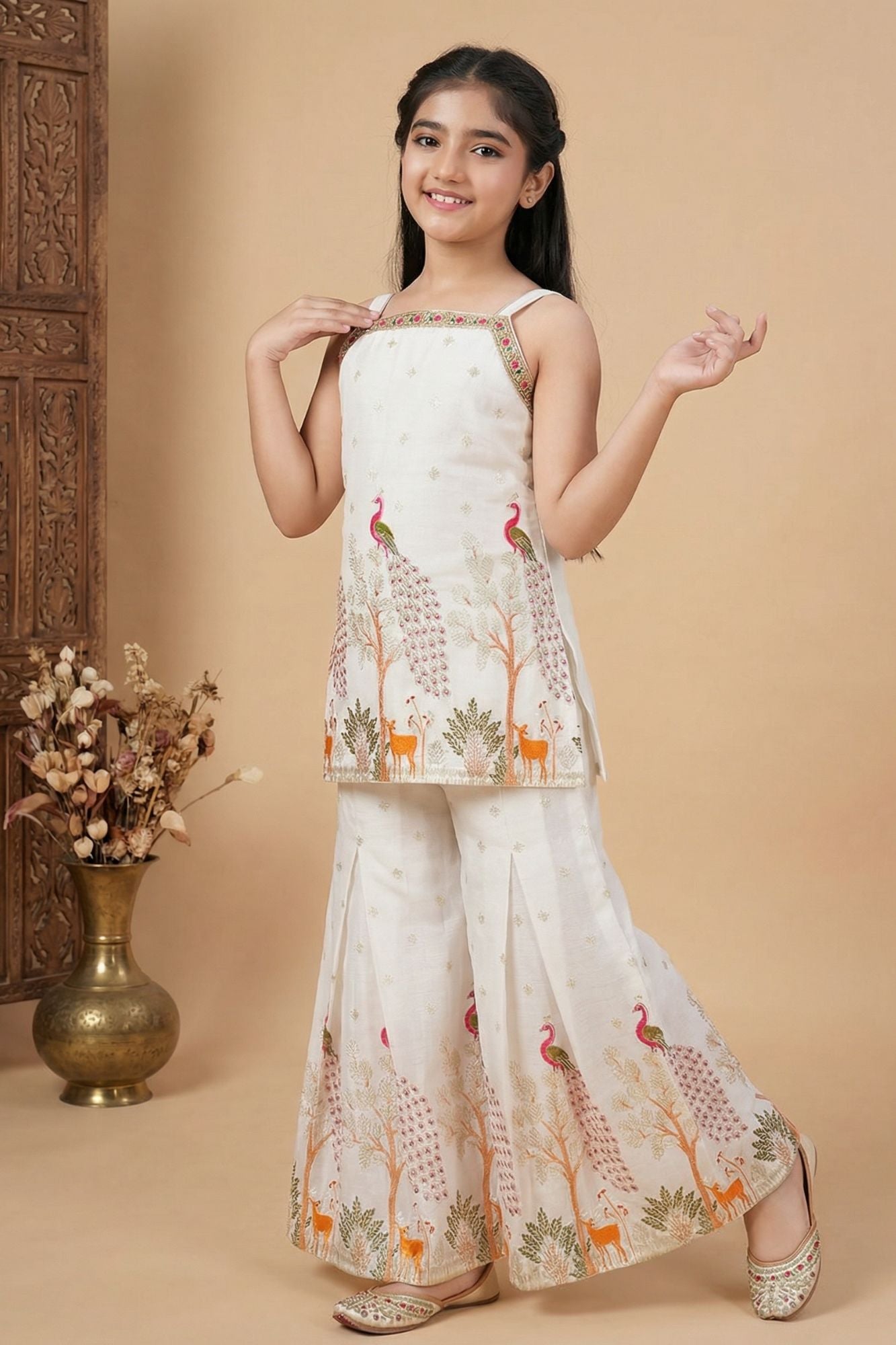 Ivory Peacock And Deer Embroidered Top And Flared Sharara Set For Girls