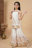 Ivory Peacock And Deer Embroidered Top And Flared Sharara Set For Girls