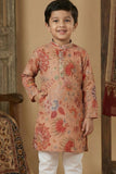 Peach Floral Printed Kurta Set With Pajama For Boys