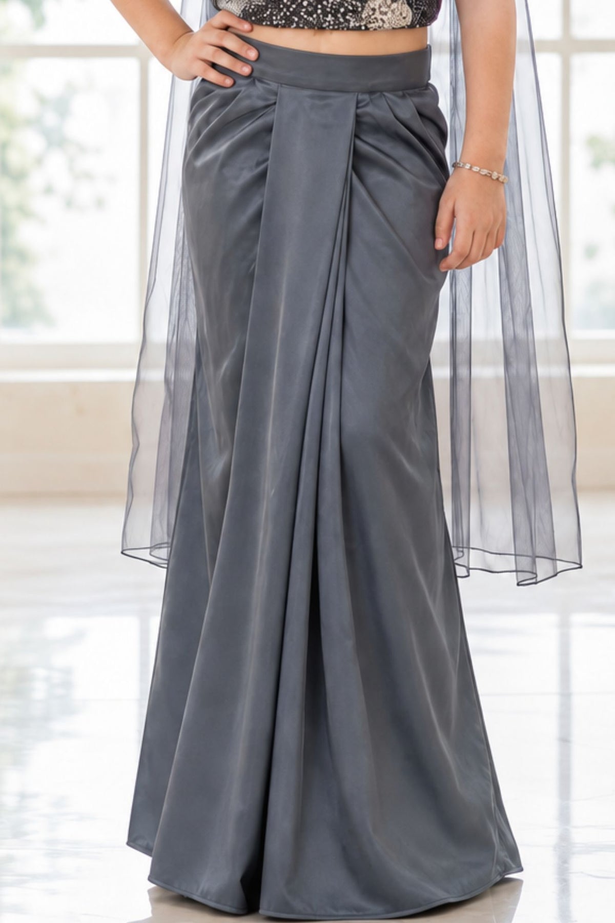 Grey Sequin Embellished Lehenga Set For Girls