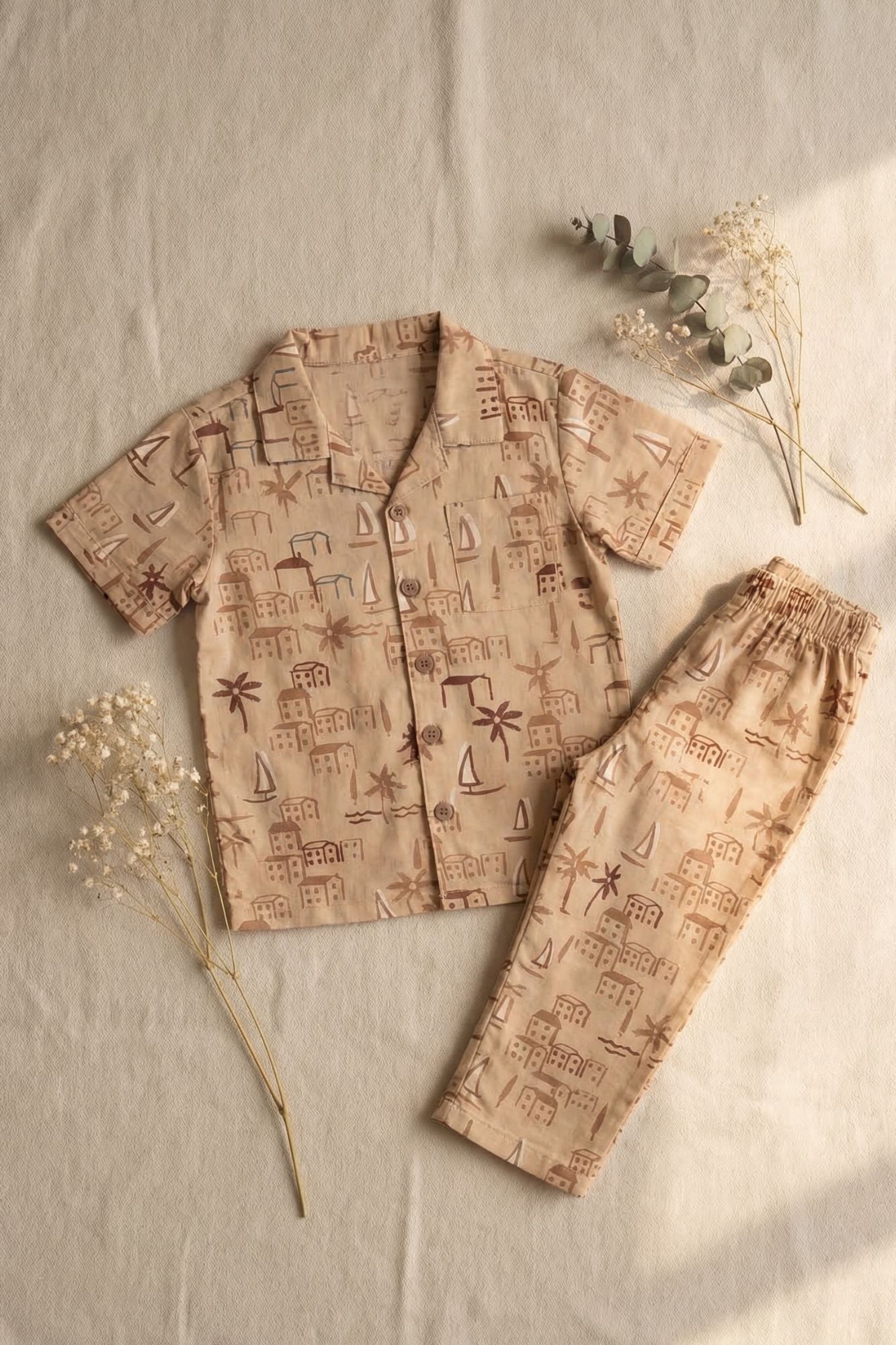 Brown Tropical Print Night Suit Set For Boys