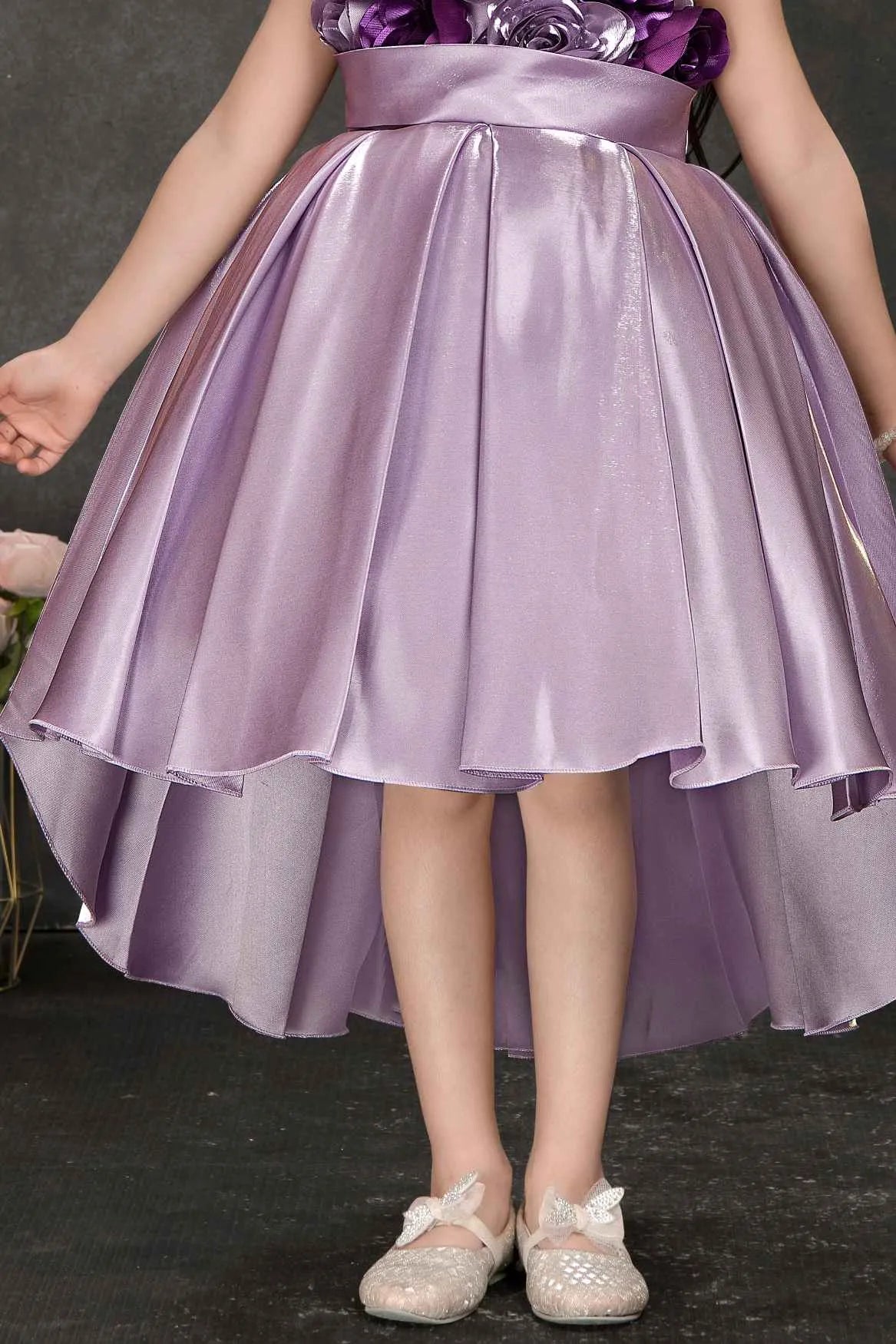 Lavender High-Low Party Frock with 3D Floral Bodice For Girls