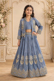 Dusty Blue Heavy Floral Embroidered Lehenga Choli with Jacket
