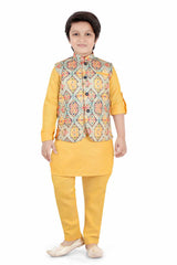 Gold Kurta With Printed Bandi Set For Boys