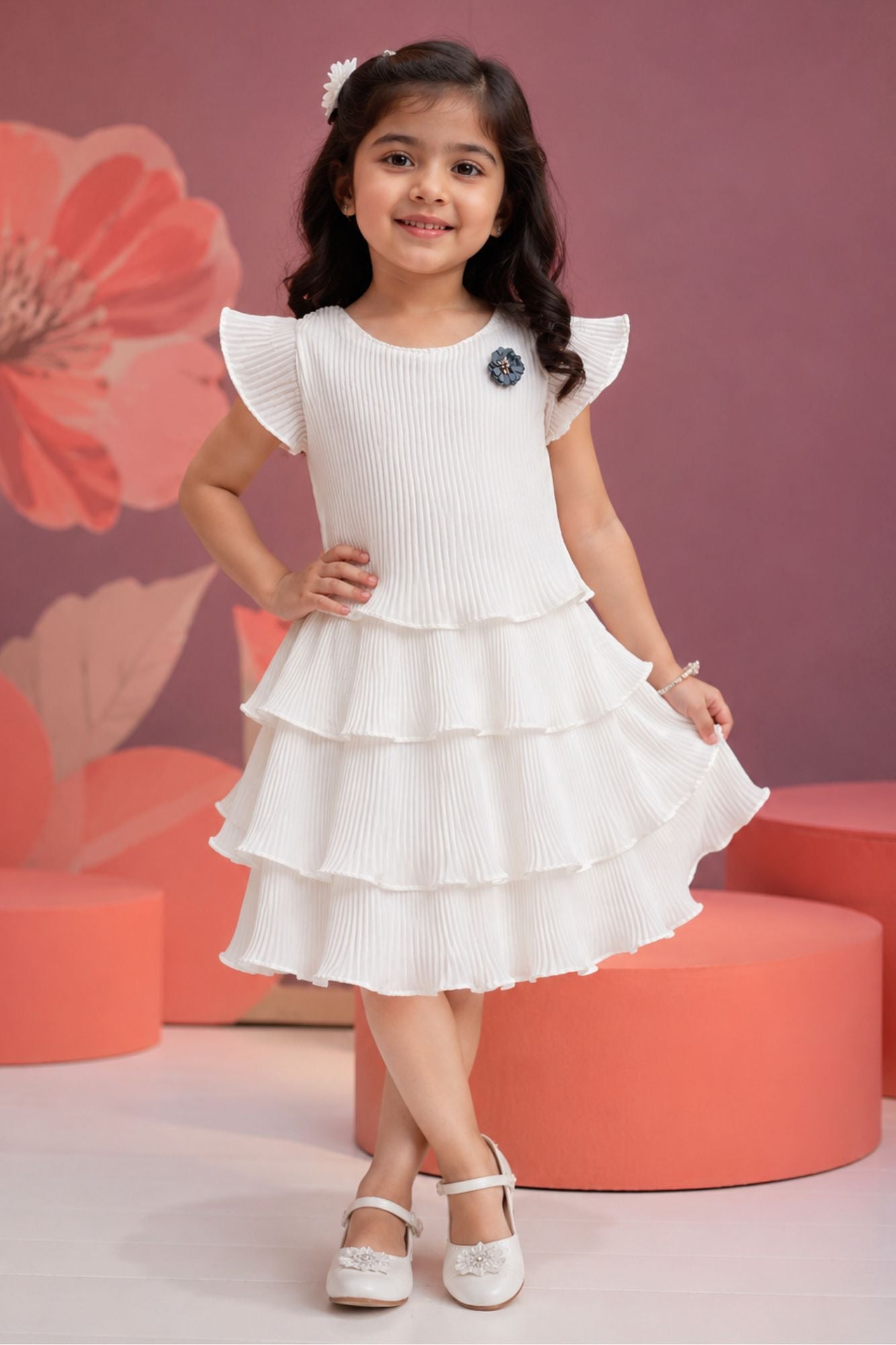 White Pleated Tiered  Frock